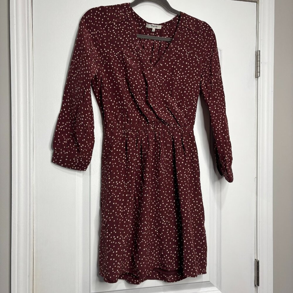 Madewell Maroon/Cream Polka Dot Long Sleeve Faux Wrap Mini Dress Size 0